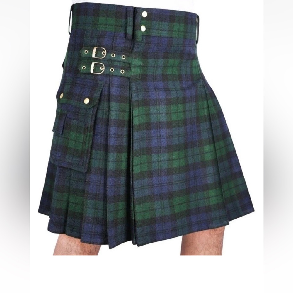 Scottish Kilt Mens 2X Blackwatch Tartan Plaid Highland Buckle Cargo Celtic Punk - Picture 2 of 11